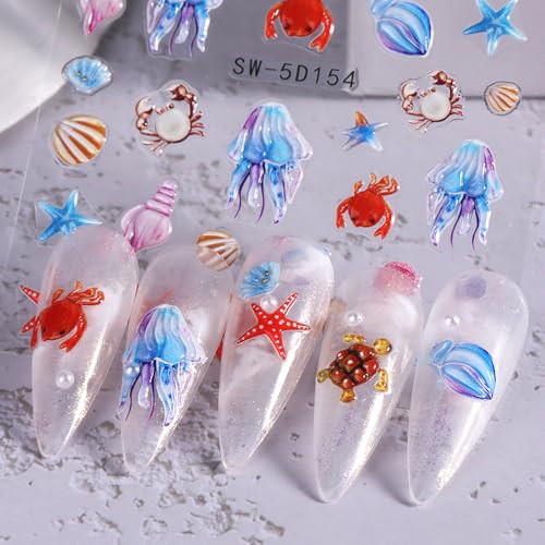 Jaliya 5D Embossed Ocean Nail Stickers - Summer Beach Shell & Sea Animal Decals