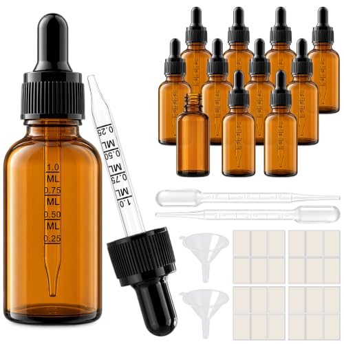 PrettyCare 12 Pack 1oz Amber Glass Dropper Bottles with Black Cap