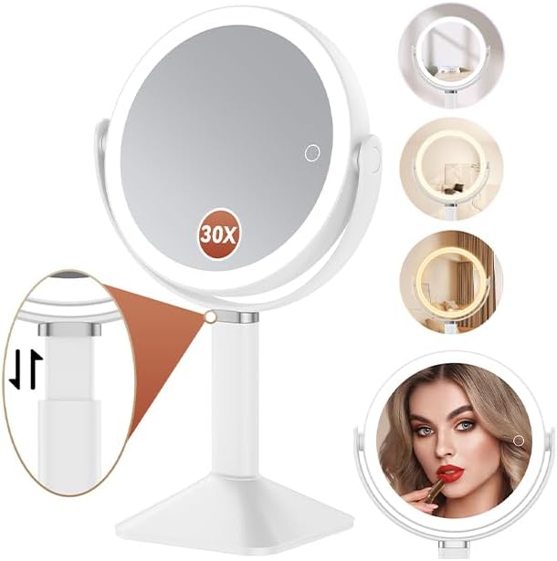 Lighted Makeup Mirror - 30X Magnifying Vanity Mirror with Adjustable Height & 3 Color Dimming | Rechargeable 4000mAh Battery
