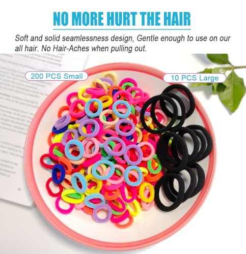210 PCS Baby Hair Ties - 200 Small & 10 Large Soft Elastic Bands
