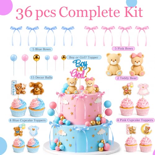 Gender Reveal Cake Decorations Kit - 36 PCS Teddy Bear Theme