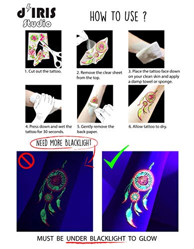 d'IRIS Studio Glow in the Dark Temporary Tattoos Butterfly Body Art for Raves & Festivals