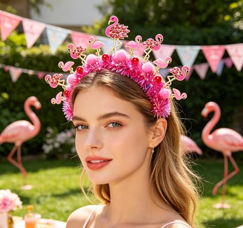 Flamingo Headband with Rhinestones, Tinsel & Pom-Poms for Parties