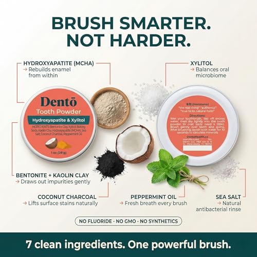 Dento Hydroxyapatite & Xylitol Tooth Powder with Charcoal & Clay - Natural Whitening 1oz