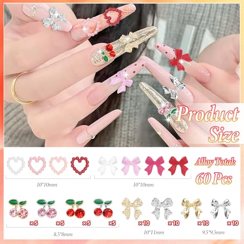 Pink 3D Nail Gems Charms Y2K Bow Cherry Nail Art Charms – 60pc Set