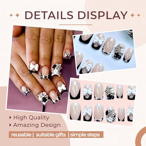 24Pcs French Tip Short Square Press on Nails with 3D Stars & Bows
