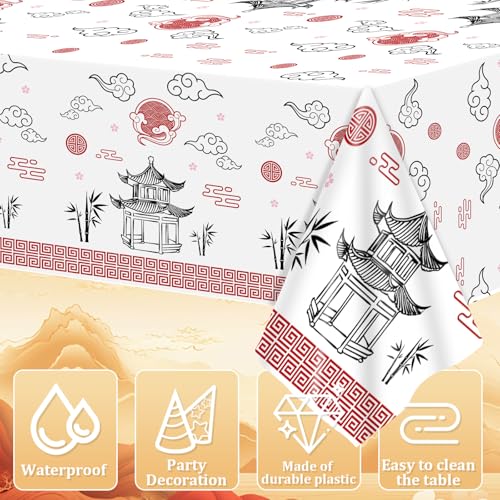 Hibachi Party Table Covers - 3 Pack Disposable Plastic Tablecloths 54x108 Inch for Asian Themed Celebrations