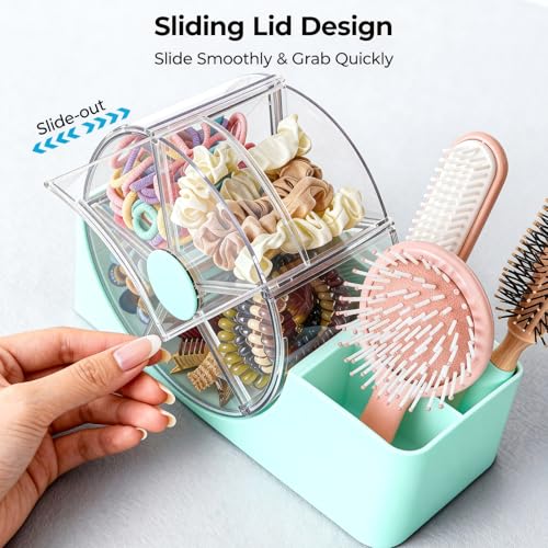 Seafoam Hair Accessories Organizer with 2-Slot Brush Holder & 5-Section Rotating Wheel for Kids & Girls