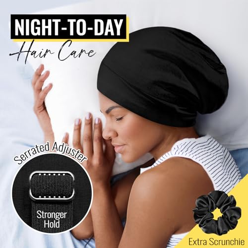 PARISBELLA Satin Lined Sleep Bonnet & Scrunchie One Size Black