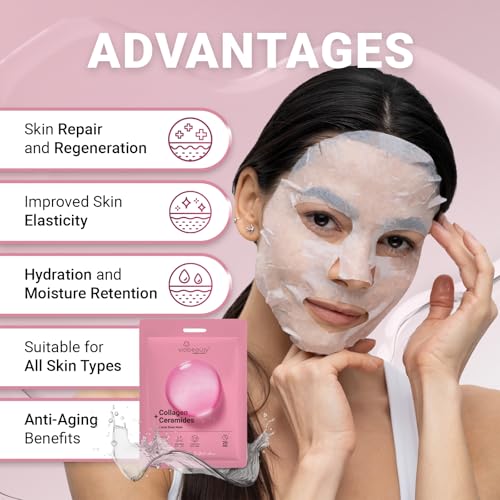 VIABEAUTY 12 Pack Collagen Face Mask with Ceramides - Rejuvenating Sheet Mask for All Skin Types