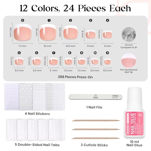 Beetles Glitter Rush Press On Toe Nails Kit - 288 Pcs Short Squoval Fake Nails with Glitter, 12 Colors, Nail Glue & Accessories