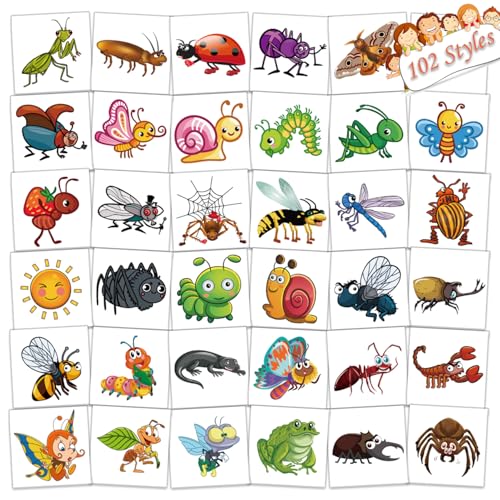 102 PCS Bug Temporary Tattoos for Kids - Waterproof Insect Stickers