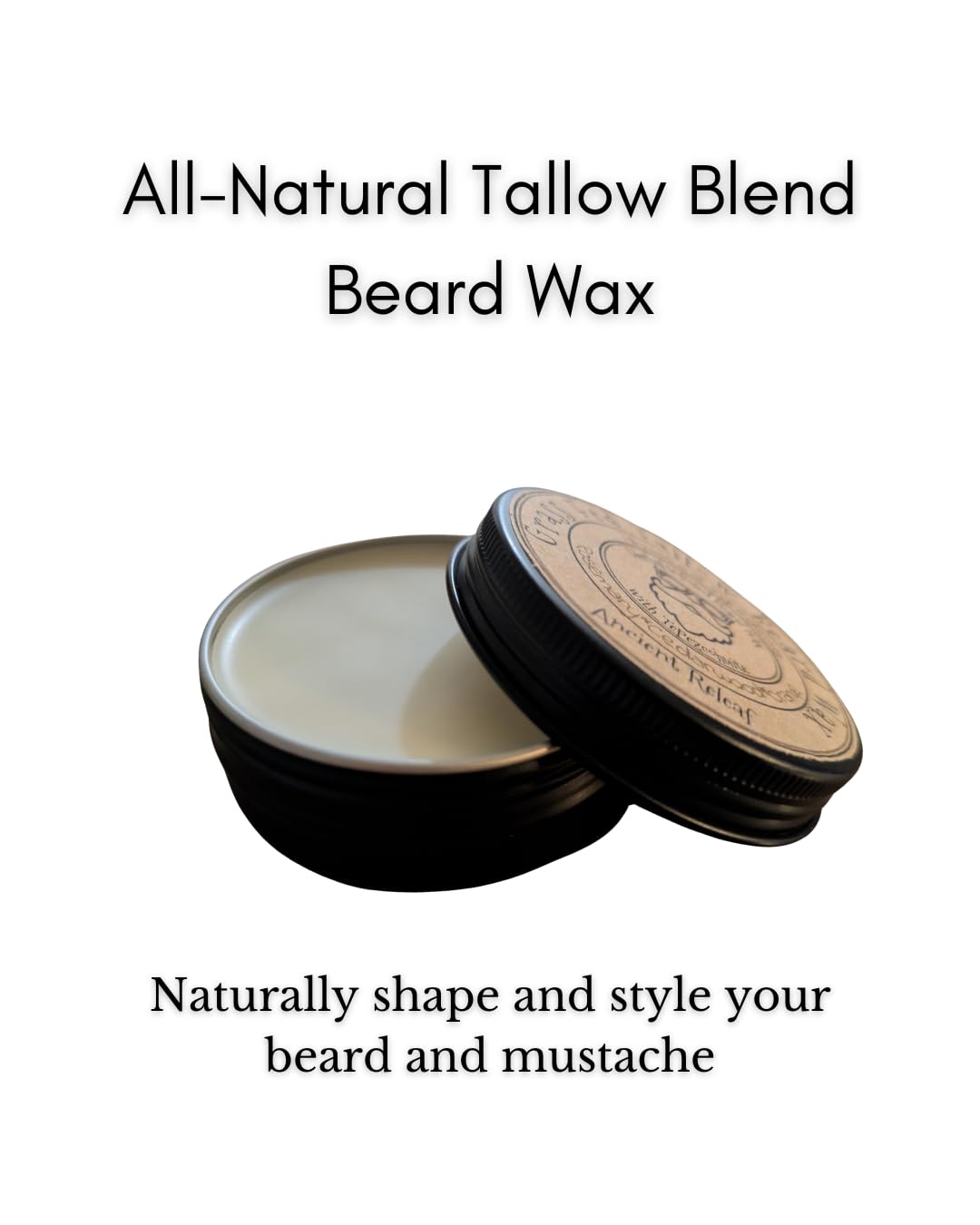 Ancient Releaf Grass-Fed Beef Tallow Beard Wax with Tepezcohuite, All-Natural, Shaping, Sculpting, Mustache and Beard, Natural Hold, Grooming for Men 2oz. Tin