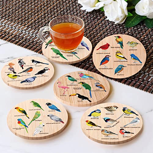 Bird-Themed Bamboo Wood Coasters Set of 6 with Holder