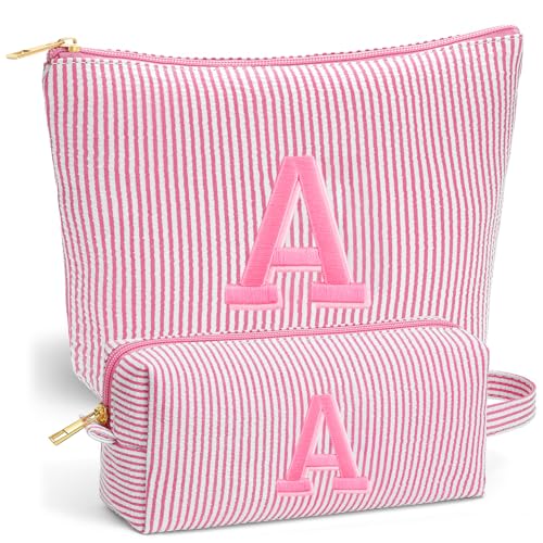 Travel Makeup Bag Set with Initials - Pink Cosmetic Pouches