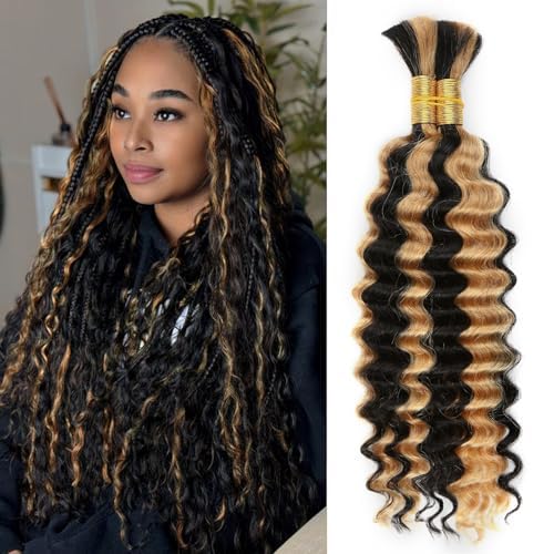 Human Braiding Hair - 14 Inch Ombre Highlight Deep Wave Bulk Extensions | Curly Bundles for Knotless Braids (4/27)