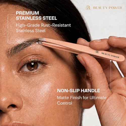 Rose Gold Precision Slant Tip Tweezers - Stainless Steel for Brow Shaping
