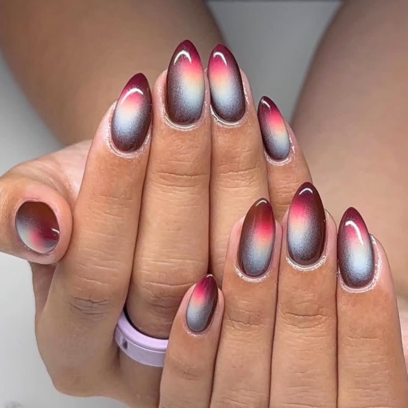 Press On Nails - Short Almond French Tip with Blue 3D Flowers | Glossy Acrylic Beach Designs for Women