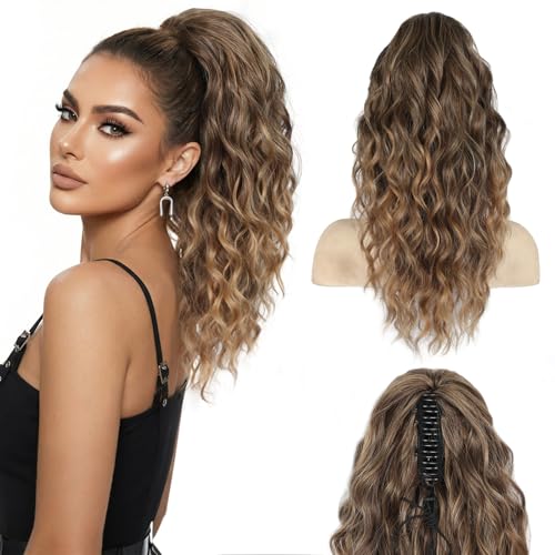 ZQIAN BEAUTY 18-Inch Curly Wavy Ponytail Extension - Ash Blonde with Blonde Ends