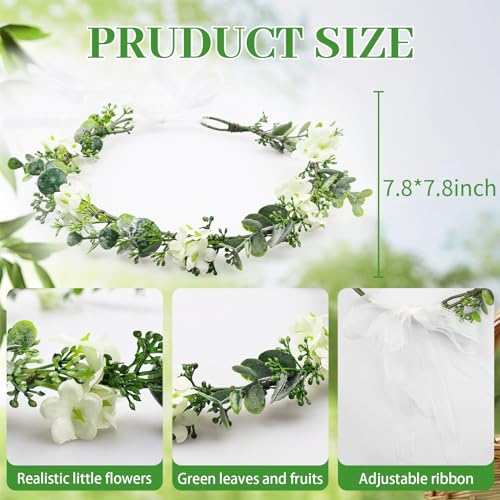 MEMOVAN White Bridal Green Leaf Flower Crown Adjustable Boho Headpiece