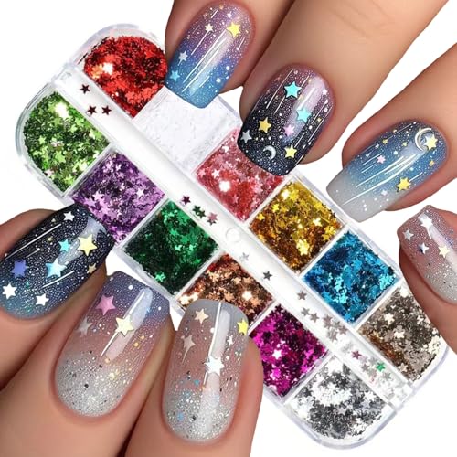 NBNTGH Xmas Nail Glitter Sequins 12 Colors 3D Holographic Star Nail Decals