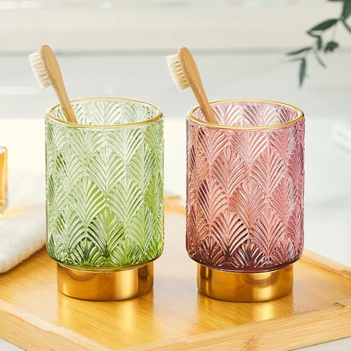 Green Makeup Brush Holder Organizer Glass with Gold Base - Multifunctional Vanity Storage