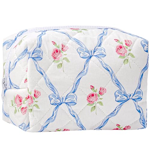 Blue Bow Small Floral Makeup Bag for Purse, Quilted Cosmetic Zipper Pouch