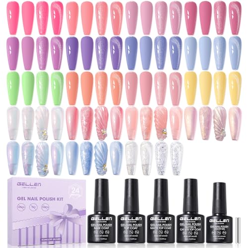GELLEN 24PCS Gel Nail Polish Set – Blooming Pastel Collection with Base & Top Coat