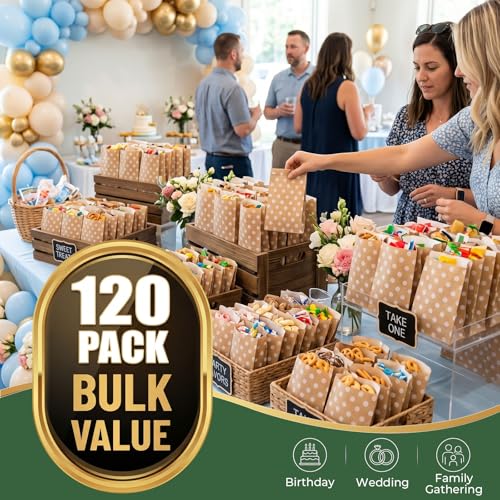 VGOODALL 120PCS Flat Kraft Paper Treat Bags - 5" x 7" Dot Pattern