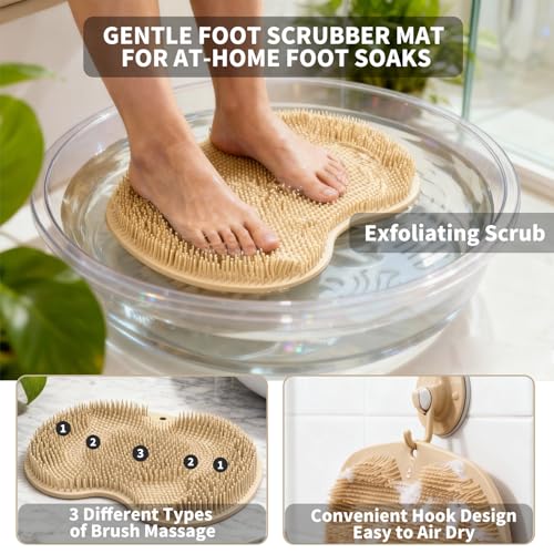Merleu Khaki Shower Foot Scrubber Mat with Massage Brushes