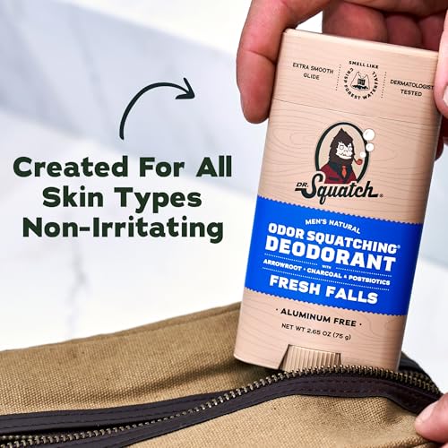 Dr. Squatch Natural Men¡¯s Deodorant ? Aluminum Free Natural Deodorant Men with Charcoal & Postbiotics for 72-Hour Odor Protection ? Fresh Falls, 2.65oz Stick (3-Pack)