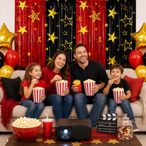 Movie Night Foil Fringe Curtains Backdrop - 2 Pack, 3.3 x 6.6 Ft Red & Black