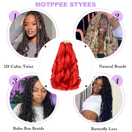 Paraglame 12 Inch Red French Curl Braiding Hair, 8 Packs Synthetic Wavy