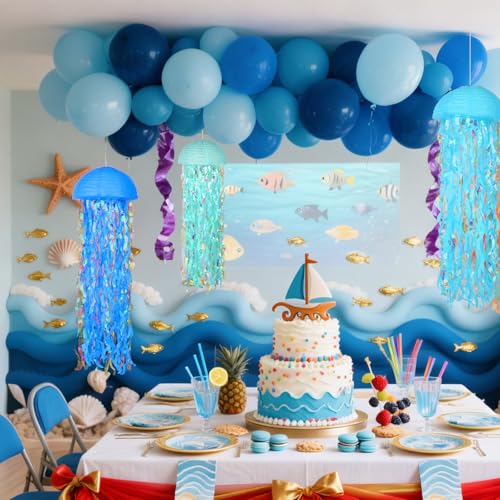 Set of 6 Blue Jellyfish Paper Lanterns - Ocean Theme Decor