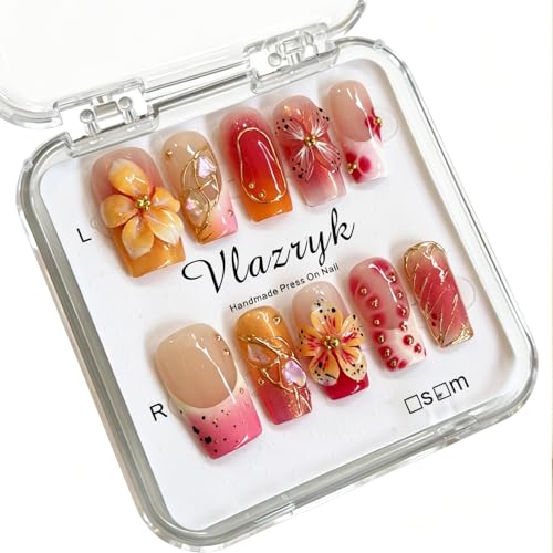 Vlazryk Handmade Press On Nails, Pink Orange Gradient Square False Nails