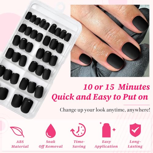 Lifextol 120PC Matte Black Square Press On Nails Short Fake Nails with Glue & Tools - Elegant Manicure Set