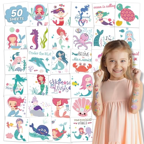 50 Sheets Mermaid Temporary Tattoos for Kids, Ocean Party Favors