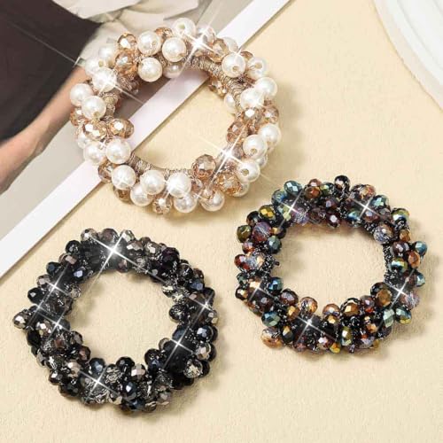 Unicra Pearl & Rhinestone Hair Ties Beaded Scrunchies Pack of 3 for Women