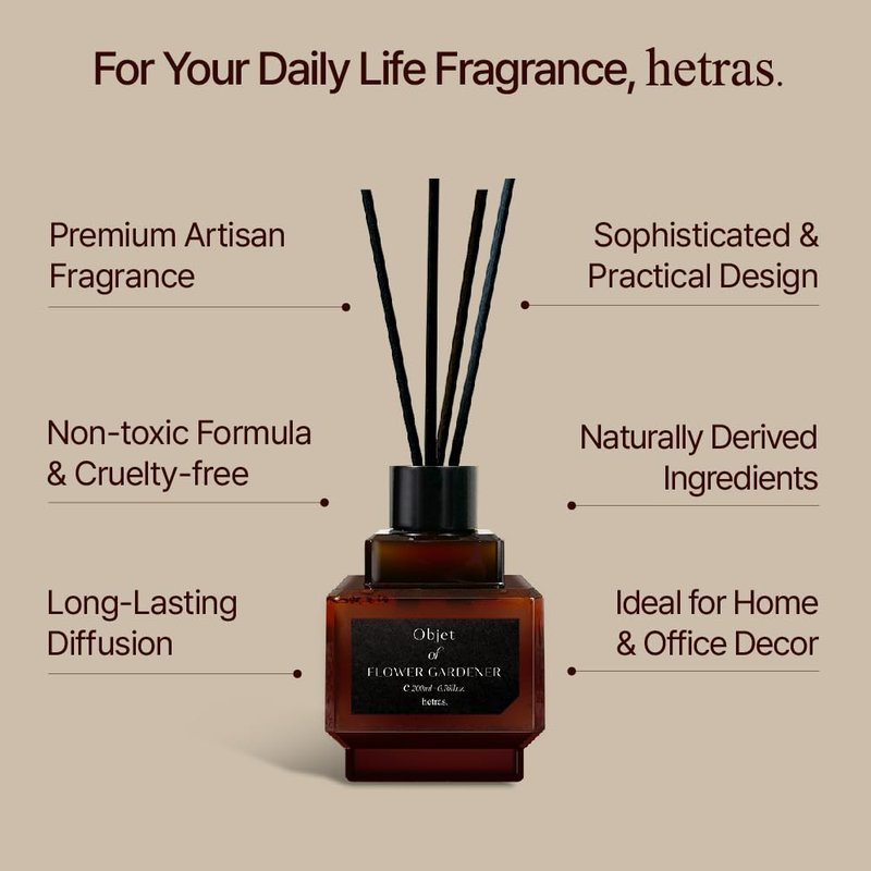 hetras Objet Diffuser Set (Soosunhwa Scent)–Decorative Aesthetic Home Fragrance | 2-Pack (6.7 fl.oz Each) with 8 Reed Sticks | Spring Floral Narcissus & Powdery Musk Aroma | Minimalist Decor & Gift