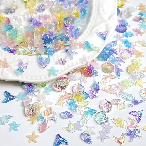 200Pcs Ocean Nail Charms - 3D Resin Starfish & Jellyfish Gems