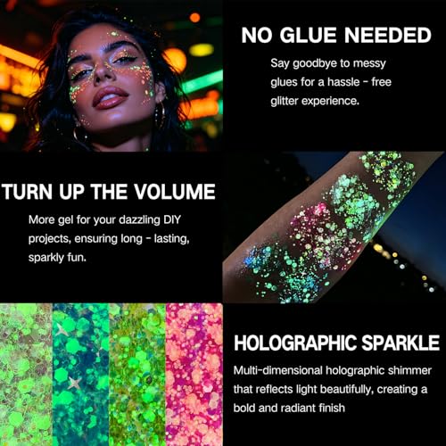 4 PCS Large Content Glow Face Body Glitter Gel, UV Black Light Neon