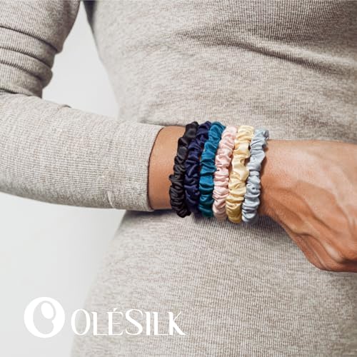 OLESILK 100% Mulberry Silk Hair Ties Scrunchies, Brown-Coffee-Coco, 5 Pack