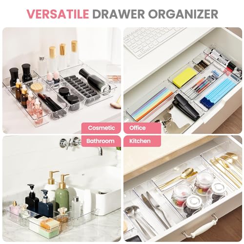HOUSE DAY 17 Pcs Makeup Drawer Organizer Set - Clear Non-Slip Storage Trays
