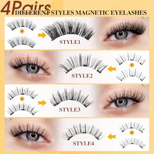 QUEWEL Magnetic Eyelashes Kit - 4 Pairs with Applicator, No Glue Needed