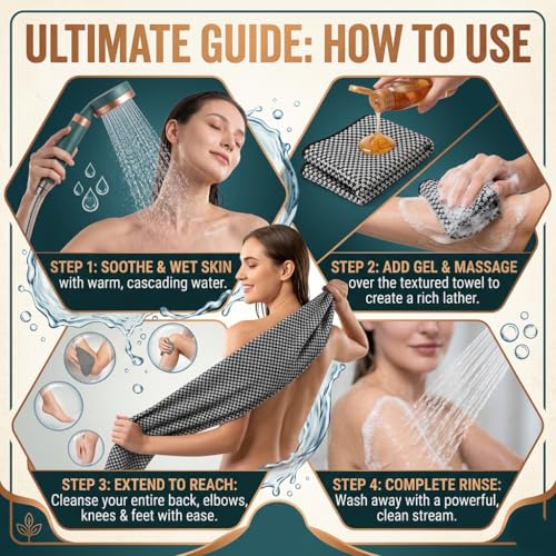 Liedrg Double Sided Microfiber Exfoliating Shower Towel - 40in Bath Body Scrubber for All Skin Types