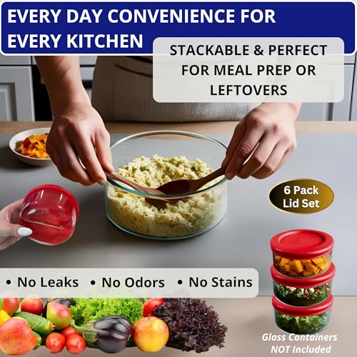 KlareWare 1 Cup Replacement Lids - BPA-Free Red 6-Pack for Pyrex 7202 & Anchor Hocking