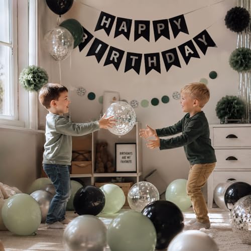 Sage Green & Black Happy Birthday Party Decorations Set - Banner, Balloons, Pom Poms & Curtain
