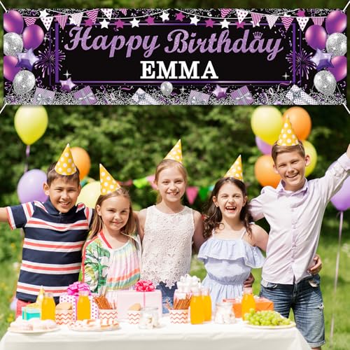 Personalized Black & Purple Happy Birthday Banner with Custom Name