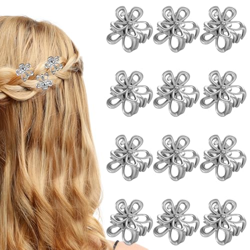 Zyghjort Mini Flower Hair Clips - 12 Pcs Silver Decorative Claw Clips