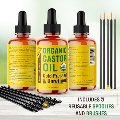 Seven Minerals Organic Castor Oil 4oz for Eyelash, Eyebrow & Hair Growth - Pack of 1